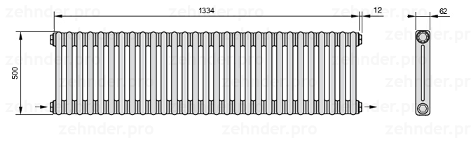 Схема (чертеж) Радиатор Zehnder Charleston 2050/29 №2670 Белый глянцевый RAL 9016